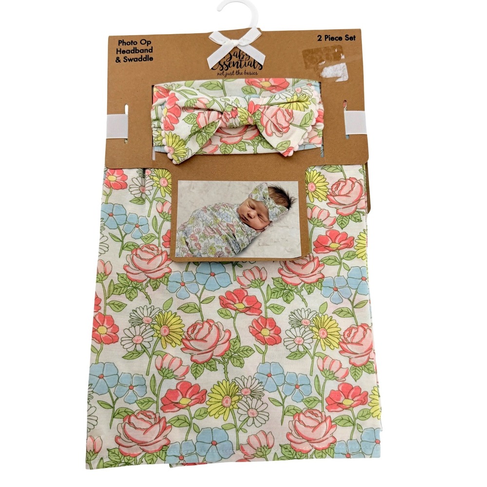 Baby Essentials Swaddle Headband Set Baby OS White Floral NIB Photo Op 2pc